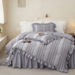 White Elegant Ruffle Seersucker Duvet Cover with 2PCS Pillow Shams - 3-Piece Vertical Stripe Clipped Floral Textured Bedding (Twin Size 168 x 229 CM) - Image 3