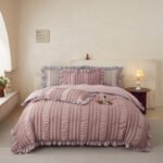 Pink Elegant Ruffle Seersucker Duvet Cover with 2PCS Pillow Shams - 3-Piece Vertical Stripe Clipped Floral Textured Bedding (Twin Size 168 x 229 CM)