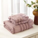 Pink Elegant Ruffle Seersucker Duvet Cover with 2PCS Pillow Shams - 3-Piece Vertical Stripe Clipped Floral Textured Bedding (Twin Size 168 x 229 CM) - Image 2
