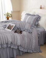 Pink Elegant Ruffle Seersucker Duvet Cover with 2PCS Pillow Shams - 3-Piece Vertical Stripe Clipped Floral Textured Bedding (Twin Size 168 x 229 CM) - Image 3