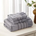 Grey Elegant Ruffle Seersucker Duvet Cover with 2PCS Pillow Shams - 3-Piece Vertical Stripe Clipped Floral Textured Bedding (Twin Size 168 x 229 CM) - Image 4