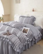 Grey Elegant Ruffle Seersucker Duvet Cover with 2PCS Pillow Shams - 3-Piece Vertical Stripe Clipped Floral Textured Bedding (Queen Size 229 x 229 CM) - Image 2