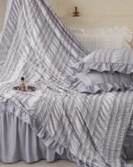 Grey Elegant Ruffle Seersucker Duvet Cover with 2PCS Pillow Shams - 3-Piece Vertical Stripe Clipped Floral Textured Bedding (Queen Size 229 x 229 CM) - Image 3
