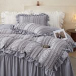 Beige Elegant Ruffle Seersucker Duvet Cover with 2PCS Pillow Shams - 3-Piece Vertical Stripe Clipped Floral Textured Bedding (Twin Size 168 x 229 CM) - Image 3