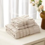 Beige Elegant Ruffle Seersucker Duvet Cover with 2PCS Pillow Shams - 3-Piece Vertical Stripe Clipped Floral Textured Bedding (Queen Size 229 x 229 CM) - Image 2