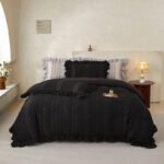 Black Elegant Ruffle Seersucker Duvet Cover with 2PCS Pillow Shams - 3-Piece Vertical Stripe Clipped Floral Textured Bedding (Queen Size 229 x 229 CM)