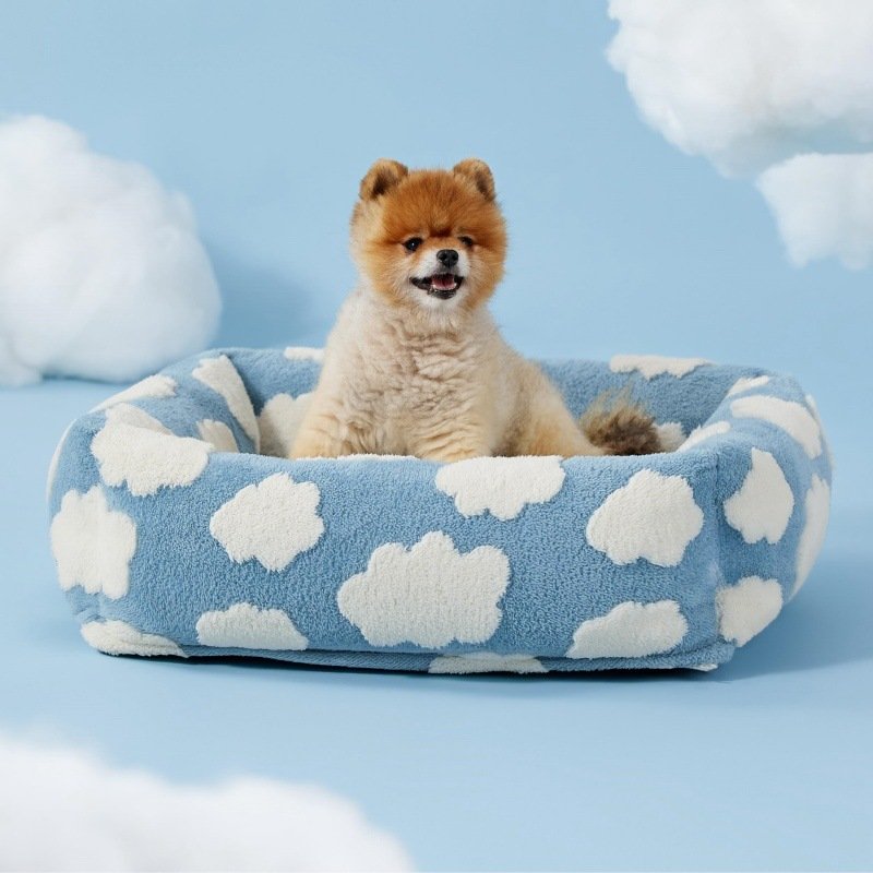 V888-ELOSUNG49466-202604101730-00 76x60x20 CM Cute Square Plush Pet Bed with Removable Cover & 5 Bolsters Support - Blue Sky and White Clouds Machine Washable Calming Dog & Cat Sofa - Image 1