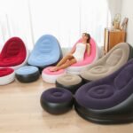 Blue Inflatable Flocked Lounge Chair & Ottoman Set with Foot Pump - Portable Ergonomic S-shaped Air Lounger for Indoor & Outdoor - Image 3