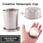 3-Capacity Gold Stainless Steel Collapsible Travel Cup Set(75ml + 150ml + 250ml) - Compact Telescopic Drinking Cup with Keychain & Dust-Proof Lid for Outdoor Hiking and Camping - Image 3