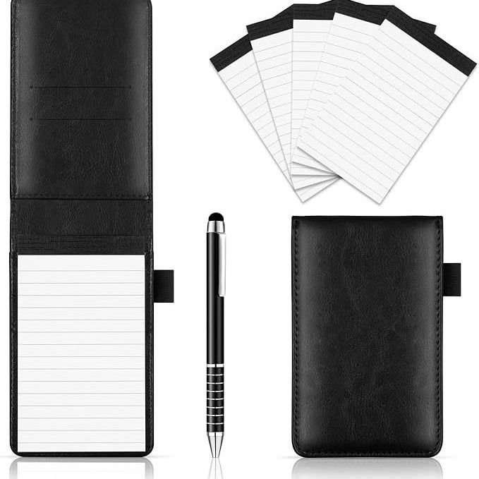 V888-ELOSUNG49611-00 7-Piece Black Business A7 Pocket Notebook Set - Premium PU Leather Memo Pad, 5 Memo Replacement Refills & 2-in-1 Metal Stylus Pen - Image 1