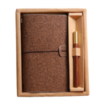 Shiny Brown Retro A6 Travelers Leather Notebook & Wooden Pen Gift Box - Floral Botanical Loose-Leaf Journal with Bronze Charm, Kraft Paper and Lined Paper