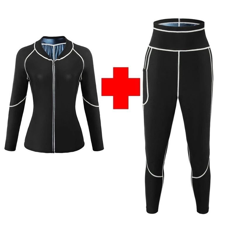 V888-ELOSUNG49628-00 L Size Black and Blue Women's Workout Sauna Sweat Suit Set: Long Sleeve & Leggings - High Elasticity Compression Shapewear for Weight Loss & Yoga - Image 1
