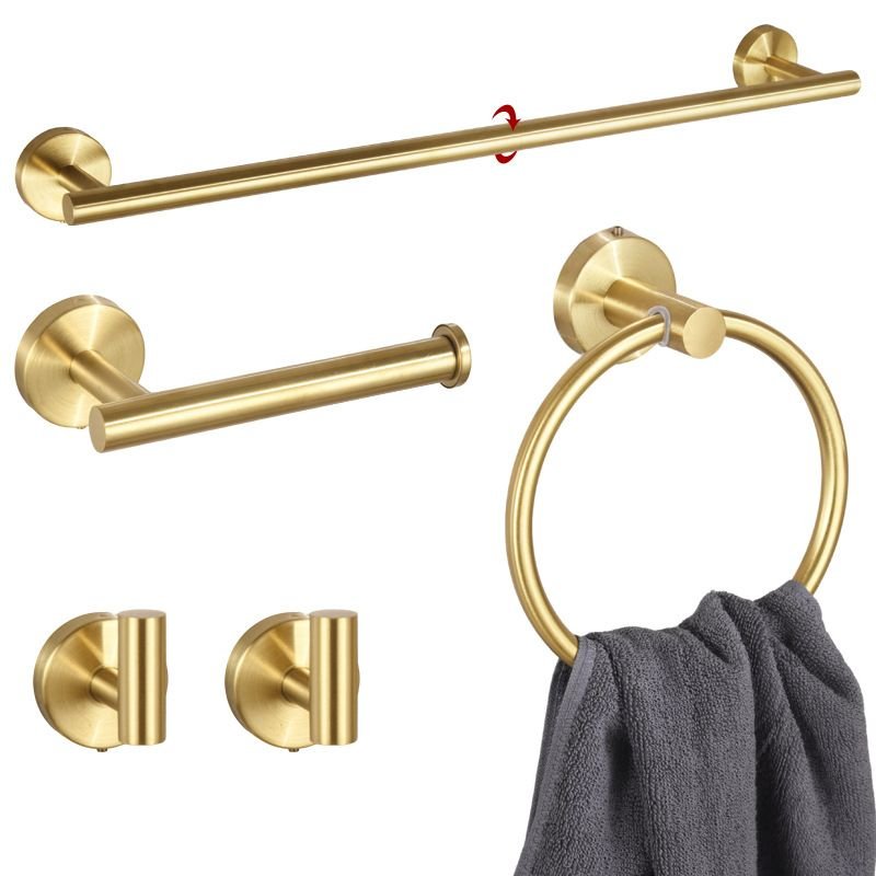 V888-ELOSUNG49815-00 5PCS Matt Gold Stainless Steel Bathroom Organizer Set - Wall-Mounted Rotatable Towel Bar, Toilet Paper Holder, Towel Ring & Versatile T-shaped Hooks - Image 1