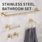 5PCS Matt Gold Stainless Steel Bathroom Organizer Set - Wall-Mounted Rotatable Towel Bar, Toilet Paper Holder, Towel Ring & Versatile T-shaped Hooks - Image 2