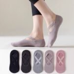 5-Pair Black Premium Non-Slip Yoga & Pilates Socks with Elastic Cross-Straps - Breathable Cotton Ballet-Style High Grip Socks - Image 2