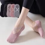 5-Pair Black Premium Non-Slip Yoga & Pilates Socks with Elastic Cross-Straps - Breathable Cotton Ballet-Style High Grip Socks - Image 3