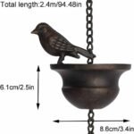 Vintage Metal Bird Shaped Rain Chain Catcher - 94 Inches Decorative Hanging Gutter Chains with 8 Iron Birds and Cups - Drain Garden Mobile Birds Steering Wheel for Soothing Rain Sounds - Image 5