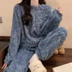 Blue Coral Fleece Jacquard Thermal Pajama Set â€” Autumn/Winter Fleece-Lined, Thickened, Casual Loungewear
