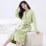 Green M size Women's Cotton Robe - Autumn/Winter Bathrobe & Morning Gown | Long Sleeve, Mid-Length, Plus Size | Loose, Comfortable, and Machine Washable | Suitable for All Seasons
