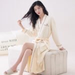 Beige 2XL size Women's Cotton Robe - Autumn/Winter Bathrobe & Morning Gown | Long Sleeve, Mid-Length, Plus Size | Loose, Comfortable, and Machine Washable | Suitable for All Seasons