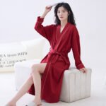 Red XL size Women's Cotton Robe â€” Autumn/Winter Bathrobe & Morning Gown | Long Sleeve, Mid-Length, Plus Size | Loose, Comfortable, and Machine Washable | Suitable for All Seasons