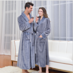 Grey M size Plush Flannel Robe for Couples - Thickened Warm Bathrobe with Shawl Collar, Soft Fleece Material, Unisex Long Style for Winter Home Wear