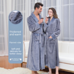 Grey XL size Plush Flannel Robe for Couples - Thickened Warm Bathrobe with Shawl Collar, Soft Fleece Material, Unisex Long Style for Winter Home Wear - Image 4
