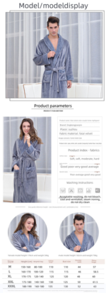 Grey XL size Plush Flannel Robe for Couples - Thickened Warm Bathrobe with Shawl Collar, Soft Fleece Material, Unisex Long Style for Winter Home Wear - Image 5