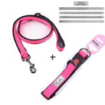 Pink L size Vibrant Reflective Dog Collar and Leash Set - Adjustable Nylon Pet Harness with Comfortable Padding