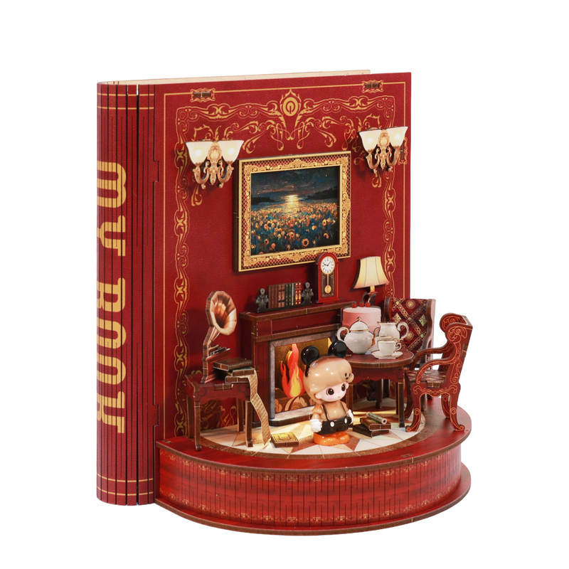 V888-ELOSUNG50316-202604151040-00 DIY Book Nook Kit Book Theater 3D Wooden Puzzle Miniature Dollhouse Bookshelf Insert with LED Light, 222 Pieces Bookend Decor for Adults Teens, Creative Gift for Book Lovers - Image 1