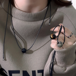 Vintage Geometric Natural Stone Bead Pendant Necklace Adjustable Black Rope Collarbone Chain Unisex Boho Jewelry Gift-Spotted Stone - Image 2