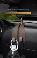2-piece Brown and Grey ABS Dual-Hook Car Seat Back Hanger â€” Foldable, Faux-Suede Headrest Hook; The ideal companion for hanging handbags and shopping bags, also doubles as a mobile phone holder - Image 4