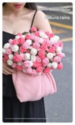 Pink and White Diameter: 120 cm -52 Woven Flowers Handmade Rose Bouquet Knit Blanket - Soft Pink Acrylic Throw with 3D Crochet Flowers - Perfect Gift for Her, Birthday, Valentine's Day, Home Decor - Image 2