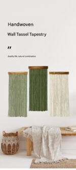 Light Green 90Ã—40 cm Natural Fibre Tapestry -Handwoven Cotton Tassel Wall Hanging â€“ Minimalist Boho Decor for Bedroom, Living Room & CafÃ© - Image 2