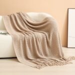 Khaki Elegant Openwork Knitted Throw Blanket with Tassels - 130x230cm Large Decorative Soft Sofa Blanket for Living Room & Bedroom - Breathable Cozy Cover for Travel & Office Nap