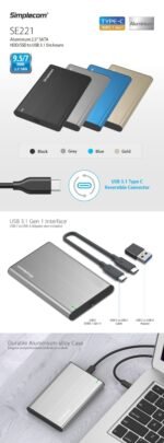 Simplecom SE221 Aluminium 2.5'' SATA HDD/SSD to USB 3.1 Enclosure Black - Image 2