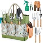 Premium 9-Piece Stainless Steel Garden Tool Set with Durable Storage Tote Bag - Heavy Duty Gardening Hand Kit with Ergonomic Wooden Handles, Pruning Shears and Spray Bottle