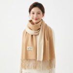 Khaki and Beige Double-Sided Reversible Imitation Cashmere Scarf for Women - Soft Warm Winter Neck Wrap with Classic Boho Tassel Edge, Solid Color Design for Versatile Styling - Cozy Everyday Accessory for Travel, Work & Casual Wear - Image 5