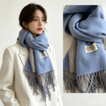 Blue and Grey Double-Sided Reversible Imitation Cashmere Scarf for Women - Soft Warm Winter Neck Wrap with Classic Boho Tassel Edge, Solid Color Design for Versatile Styling - Cozy Everyday Accessory for Travel, Work & Casual Wear - Image 5