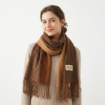 Brown and Caramel color Double-Sided Reversible Imitation Cashmere Scarf for Women - Soft Warm Winter Neck Wrap with Classic Boho Tassel Edge, Solid Color Design for Versatile Styling - Cozy Everyday Accessory for Travel, Work & Casual Wear - Image 5